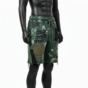 <b>Men</b> Acid Wash Cotton Fleece <b>Shorts</b> 320GSM Heavyweight Green Patch Panel Streetwear With Custom Print Logo Acid wash <b>men's</b> <b>shorts</b> - Product Image 3