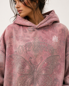 Sudadera con Capucha Oversize Rosa con Lavado Ácido y Estampado de Mariposas con Pedrería, Unisex, Ajuste Regular, Algodón French Terry, Ropa Urbana de Otoño - Product Image 6