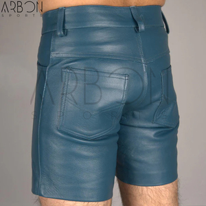Pantalones Cortos de Cuero Genuino Azul Verde Azulado, Estilo Diseñador de Alta Gama, Corte Ajustado, Logotipo Personalizado, Fabricante Mayorista de Ropa Urbana de Moda para Exteriores - Product Image 3
