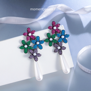 Elegantes Pendientes de Flores para Mujer, Chapados en Oro Blanco, con Circonita y Perla Artificial, con Plata de Ley 925 - Product Image 5