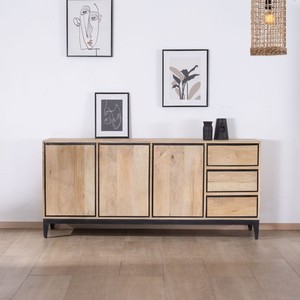 Vandana Autumn Living two-tone, sleek <b>sideboard</b> in natural and black mango wood, 180 cm, with 3 doors and drawers - Product Image 1