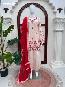 Conjunto de Salwar-Dupatta de Alta Calidad en Seda Romana con Hilo y Bordado, Manga Larga y Borde Festoneado, Moda Femenina - Product Image 3