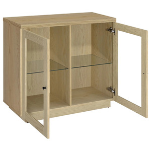 Vitrina moderna de madera con estantes de vidrio y puertas dobles para muebles de sala de estar, uso en interiores. - Product Image 3