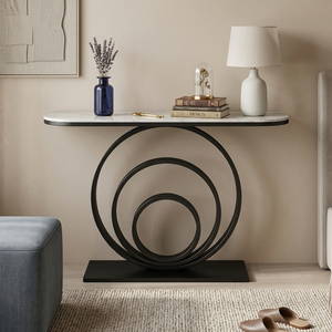 Luxury <b>Marble</b> Top <b>Console</b> <b>Table</b> Modern Black Metal Circle Base Entryway Hallway Decorative Hotel Furniture - Product Image 4