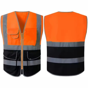 เสื้อกั๊กสะท้อนแสงสีแดงสำหรับฤดูร้อน เสื้อกั๊กนิรภัยสำหรับผู้ชาย ระบายอากาศได้ดี มีกระเป๋าหลายช่อง เสื้อคลุมทำงานแบบมีซิป คอวี สไตล์ลำลอง - Product Image 6