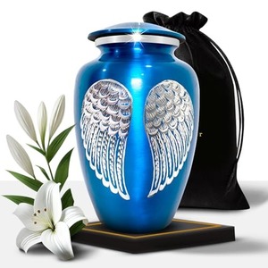 Urne funéraire rouge avec motif d'ailes d'ange blanches, récipient commémoratif pour cendres humaines adultes, urne funéraire avec sac en velours gratuit - Product Image 3