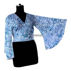Vestido de algodón con lazo envolvente para mujer, conjunto de vestido con top envolvente de manga larga acampanada y cintura alta con estampado de bloques. - Product Image 4