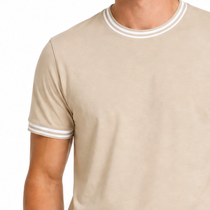T-shirt homme col rond premium beige et blanc rayé, col côtelé, manches courtes, personnalisable, vêtement décontracté - Product Image 3