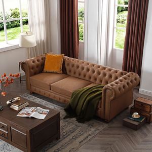 Classico divano in ecopelle marrone Chesterfield per soggiorno - Product Image 3