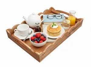 Plateau de service élégant en bois d'acacia festonné avec poignées, plateau décoratif en bois pour le petit-déjeuner, table basse, ottoman, cuisine - Product Image 3