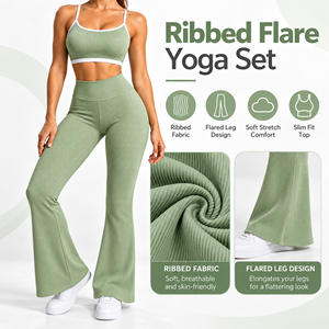Green Ribbed Double Strap Cami Bralette Flare Yoga <b>Pants</b> Contrast Piping High Waisted Bootcut Women <b>Dance</b> Bell Bottom Set - Product Image 6
