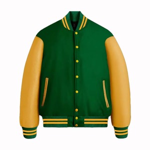 เสื้อแจ็คเก็ตวาร์ซิตี้สีเขียวเหลืองสำหรับผู้ชาย แขนหนัง PU ปกคอพับ ปิดด้วยซิป สวมใส่สบายๆ ในฤดูใบไม้ร่วง ทรงปกติ - Product Image 4