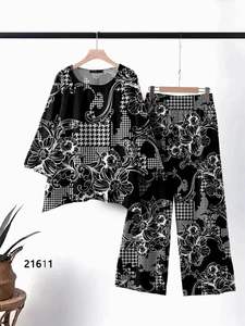 Conjunto de Dos Piezas para Mujer, Estampado Floral, Poliéster y Rayón, Top Informal y Pantalones Palazzo - Product Image 4