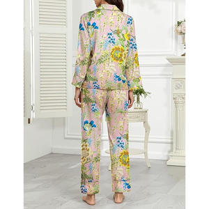 Conjunto de Pijama de Satén con Estampado Floral para Mujer, Manga Larga, Cierre de Botones, Ropa de Dormir Elegante para Primavera, 100% Seda - Product Image 2