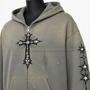 Men's <b>Vintage</b> Washed Rhinestone Zip Up Hoodie <b>Oversized</b> Heavyweight Streetwear Distressed Full Zip Hooded <b>Sweatshirt</b> - Product Image 6