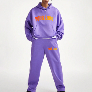 <b>Men's</b> <b>Purple</b> Hooded Sweatshirt Set Solid Color Casual Jogger Pants Fleece Knitted Breathable Embroidered Front Logo Winter Wear - Product Image 1