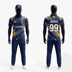 Men <b>Cricket</b> Uniform 160 GSM Breathable Quick Dry Mesh Polyester Navy Gold <b>White</b> Panel Custom Digital Print Logo Set - Product Image 1