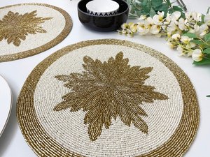 <b>Beaded</b> Round Place Mat Floral Table Mat Cream Gold Dining <b>Placemat</b> for Restaurant Hotel Home Decor - Product Image 3