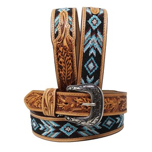 Cinturón Reversible de Cuero Vacuno con Patrón Geométrico de Cuentas y Hebilla Plateada Estilo Western, Cuero Pintado de Estilo Étnico - Product Image 3
