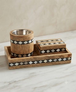 Ensemble brûleur d'encens Bakhoor en bois fait main avec plateau incrusté de nacre, support d'aromathérapie islamique - Product Image 1
