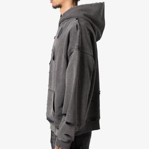 Sudadera con capucha extragrande para hombre, de algodón grueso, estilo desgastado, con rotos, estilo urbano, holgada, con logo personalizado, informal. - Product Image 2