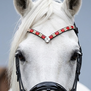 Frontal de Cheval de Dressage en Cuir de Luxe Personnalisé, Forme en V, avec Strass en Cristal Rouge Rubis, Accessoires de Bridon en Gros, OEM - Product Image 1