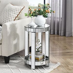 Modern 2-Layer Silver <b>Round</b> Mirror Console <b>Table</b> Crystal Inlay <b>Small</b> Sofa <b>Table</b> Storage Space Elegant Silver Decorative <b>Table</b> - Product Image 1