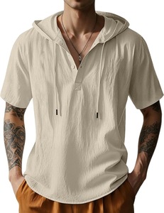 Chemise Henley à capuche en coton et lin pour homme, manches courtes, été, plage, décontractée, légère, coupe ample, fabrication sur mesure OEM ODM - Product Image 2