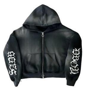 2025 Wholesale Digital Print Camo <b>Zip</b> up <b>Hoodie</b> Acid Wash Sun Faded Washed Oversized Distress <b>Black</b> Hoodies Men - Product Image 4