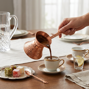 Cezve en cuivre pur fait main, style calice évasé, gravée, avec longue bec et poignée plate en métal gravé, pour café turc et Briki grec - Product Image 4