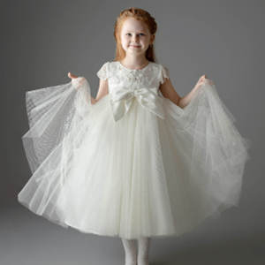 Vestido de niña elegante princesa flor Blowly boda cumpleaños encaje perla arco rebordear conectar encaje tafetán satén-Mirabel vestido - Product Image 2