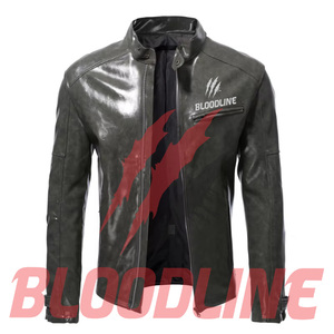 BLOODLINE Men's Black PU Leather Moto Biker <b>Jacket</b> <b>Slim</b> <b>Fit</b> Zipper Closure Stand Collar Solid Color Autumn Wear - Product Image 1