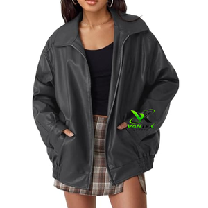 VANTEX SPORTS <b>Women's</b> Green Faux <b>Leather</b> Waterproof <b>Bomber</b> <b>Jacket</b> Turn-down Collar Zipper Loose Fit Casual Spring/Winter Coat - Product Image 3