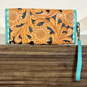 Sunflower Tooled <b>Leather</b> Floral Pattern Women Clutches High Quality Stylish Cash & Card Holder Long Wallet Evening <b>Purse</b> - Product Image 5