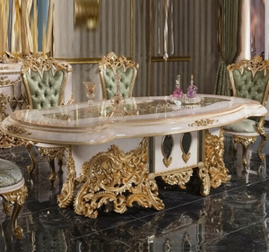 ชุดโต๊ะรับประทานอาหารไม้สักทองคำหรูหราสไตล์ยุโรปแกะสลักโบราณ พร้อมท็อปหินอ่อน สำหรับใช้ในโรงแรม เป็นมิตรกับสิ่งแวดล้อม ผลิตในอินโดนีเซีย - Product Image 1