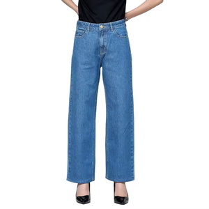 Jeans clásicos azules de pierna ancha para mujer, de cintura alta, de mezclilla de algodón, con cinco bolsillos, cómodos, suaves al tacto, pantalones de estilo relajado. - Product Image 2