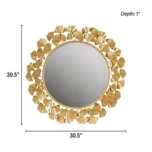 Miroir mural circulaire plaqué or avec motif de feuillage, décoration moderne pour salon et chambre à coucher - Product Image 2