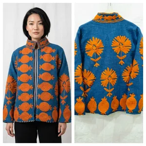 Sujani Eco-Friendly Finished Khadi Cotton Linen Natural Dye <b>Jacket</b> Autumn Outerwear <b>Fringed</b> <b>Sequins</b> Patchwork Decor Custom Logo - Product Image 2