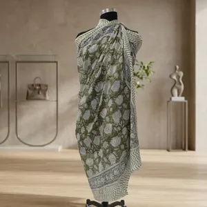 Olive Green Floral Hand Block Printed Cotton Sarong Scarf with Chevron Border Lightweight <b>Beach</b> <b>Wrap</b> Stole for Women - Product Image 4