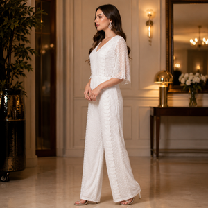 Mono de lentejuelas blancas de lujo con cuello en V y pierna ancha, elegante para fiestas, traje formal de noche, recepción de bodas, cóctel, para mujer - Product Image 2