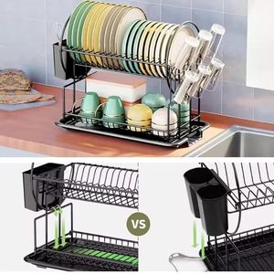 Escurridor de Platos de 2 Niveles, Organizador de Cocina de Metal Negro con Portavasos para Platos, Tazones y Utensilios - Product Image 3