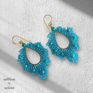 Saffron + Selene Handmade Beaded <b>Earrings</b> Turquoise Blue Gold Hook Fashion Statement Jewelry - Product Image 1