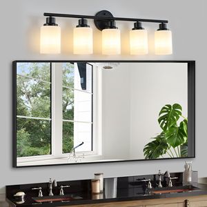 Espejo de Baño Moderno de 5 Luces y 31 Pulgadas con Cristal Esmerilado Blanco y Marco de Hierro Negro, Aplique de Pared Contemporáneo para Dormitorio - Product Image 2
