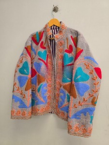 Handmade Indian Suzani Embroidery Cotton <b>Jacket</b> Vintage Ethnic Floral Boho Style Winter Wear Full Sleeve Open Front Coat - Product Image 3