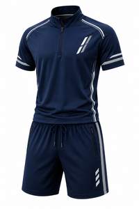 Grace Collection Men's Navy Quarter-<b>Zip</b> Short Sleeve Top Drawstring Shorts Set Solid Color Streetwear Style Quick Dry Fleece - Product Image 4