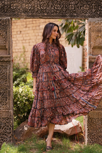 Midi Bohemian Flowy Dress in Earthy Ajrakh Brown Elegante Summer Wedding High Tea Daywear para Beach Mezcla de seda de algodón hecha a mano - Product Image 6