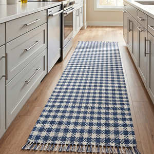 Plaid Kitchen Rug Blue White Farmhouse Style Flat Weave Non-Slip Rectangle Indoor Area Rug with Fringe <b>Large</b> Size Hallway Runner - Product Image 1