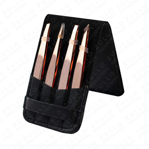 Juego de 4 Pinzas para Cejas de Acero Inoxidable Color Oro Rosa con Punta Inclinada, con Estuche de Cuero PU, Logotipo Personalizado, Herramienta de Belleza OEM - Product Image 2