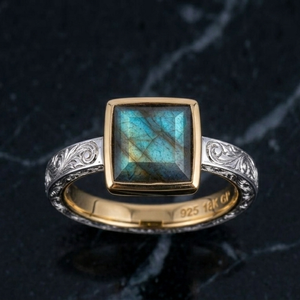 Anillo de Labradorita Cuadrada Chapado en Oro de 18K y Plata de Ley 925 de 10 mm, Anillo Elegante con Piedra Preciosa, Talla US 6, Joyería Vintage - Product Image 3