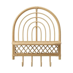 Rattan Wall <b>Shelf</b> With <b>Hooks</b> And Woven Seat Tropical Style Entryway Storage Rack - Product Image 2